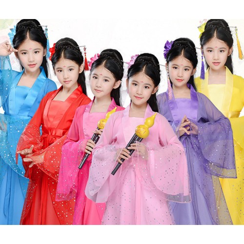 Kids princess girls china ancient classical dancing dresses for girls pink red yellow blue photos anime fairy anime cosplay kimono costumes